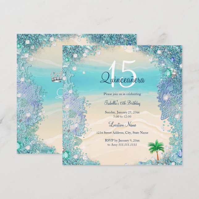 Quinceanera Aquamarin Blue Sand Ocean Beach Geburt Einladung (Vorne/Hinten)
