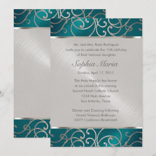 Quinceanera Aquamarin Blue Silver Filigree Wirbel Einladung