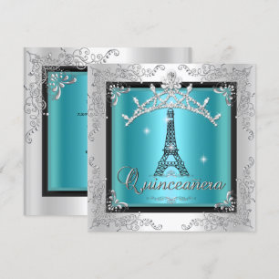 Quinceanera Aquamarin Blue Silver Tiara Eiffel Tow Einladung