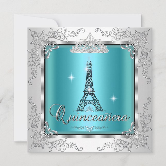 Quinceanera Aquamarin Blue Silver Tiara Eiffelturm Einladung (Vorderseite)