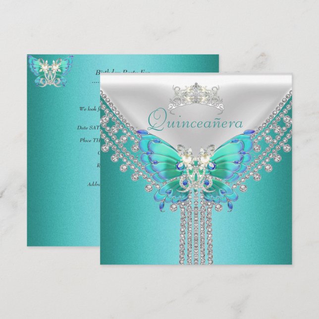 Quinceañera Aquamarin Blue White Butterfly Diamond Einladung (Vorne/Hinten)