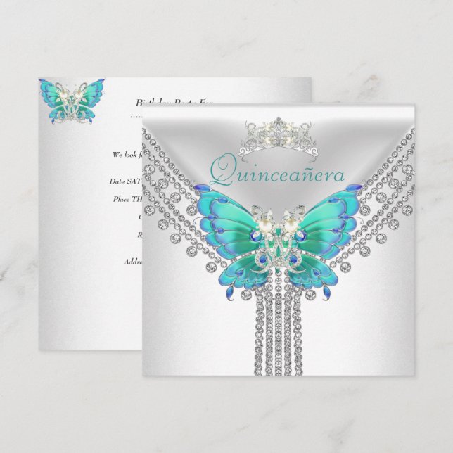 Quinceañera Aquamarin Blue White Butterfly Diamond Einladung (Vorne/Hinten)