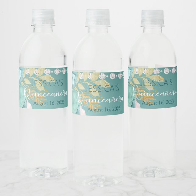 Quinceanera Aquamarin Gold Glitzer Wasserflasche (Flaschen)