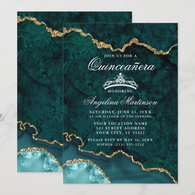 Quinceanera Aquamarin Gold Marble Agate Geode Einladung (Vorne/Hinten)