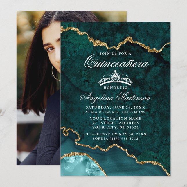 Quinceanera Aquamarin Gold Marble Agate Geode Foto Einladung (Vorne/Hinten)