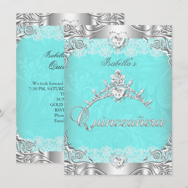 Quinceanera Aquamarin Silver Diamond Tiara 15. Par Einladung (Vorne/Hinten)