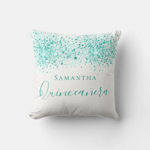 Quinceanera aquamariner Glitzer senkt Monogramm we Kissen