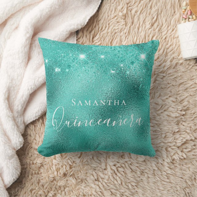 Quinceanera aquamariner grüner Glitzer Kissen (Decke)
