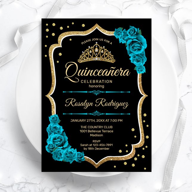 Quinceanera - Aquamarines Goldschwarz Einladung (Von Creator hochgeladen)