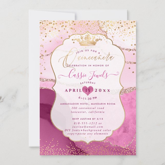 Quinceanera, Aquarellfarben, rosa Imitate Gold Einladung (Rückseite)