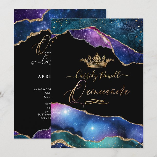 Quinceanera, Aquarellgalaxie Agate Imitats Gold Einladung (Vorne/Hinten)