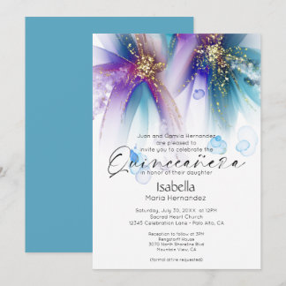 Quinceanera | Auffallend Aquamarin Lila Abstrakt Einladung