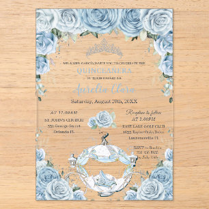 Quinceañera Baby Blue Blumen Cinderella Kutsche Acryleinladungen