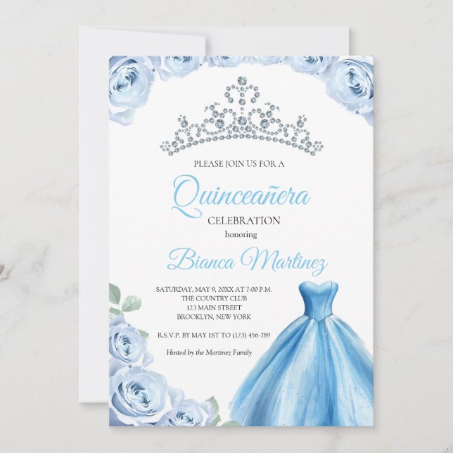Quinceanera Baby Blue Dress Mis Quince Einladung (Vorderseite)