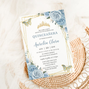 Quinceañera Baby Blue Floral Gold Schmetterlinge 1 Einladung