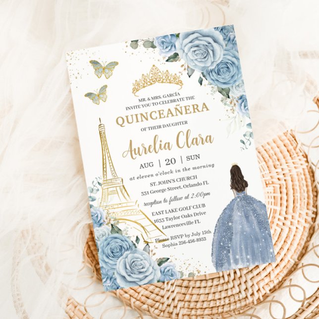 Quinceañera Baby Blue Floral Paris Eiffel Frankrei Einladung (Von Creator hochgeladen)