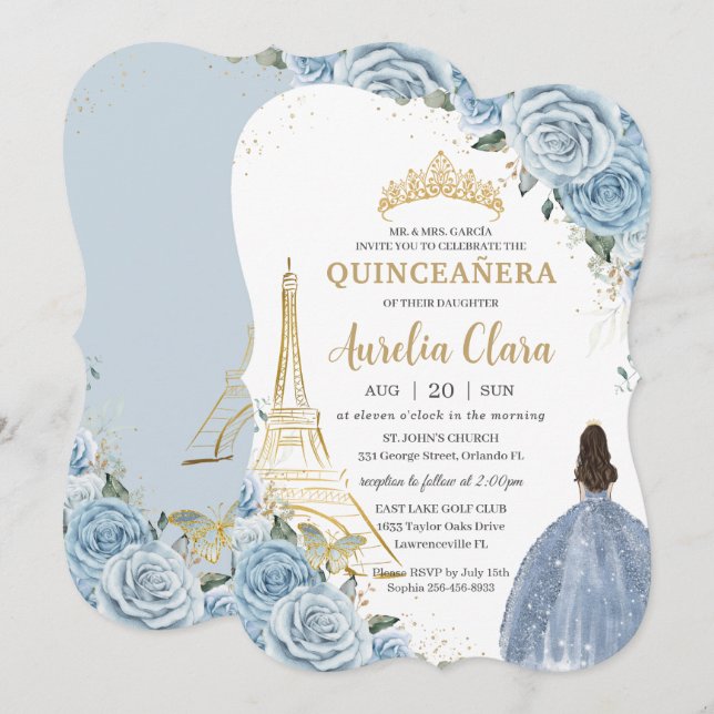 Quinceañera Baby Blue Floral Paris Gold Crown Einladung (Vorne/Hinten)