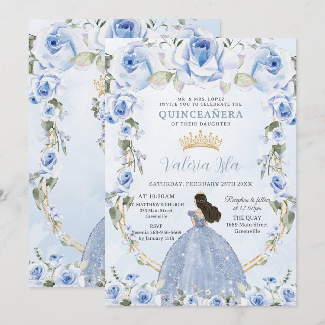 Quinceañera Baby Blue Floral Princess Dress Gold Einladung (Vorne/Hinten)