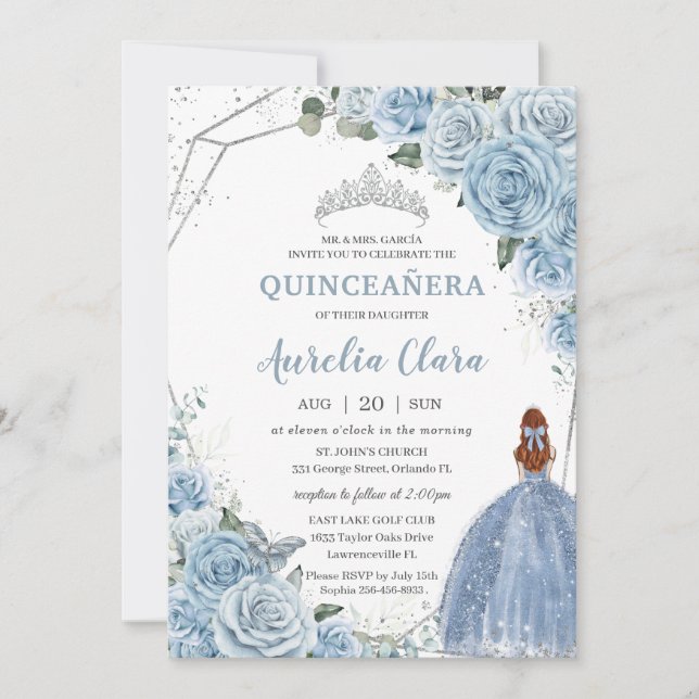 Quinceañera Baby Blue Floral Red Hair Princess 15 Einladung (Vorderseite)
