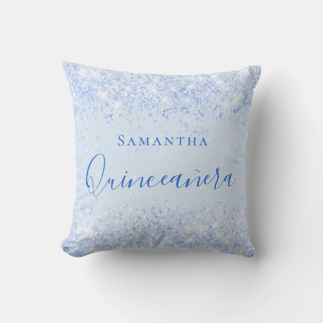 Quinceanera Baby Blue Glitzer Staubname Kissen (Vorderseite)