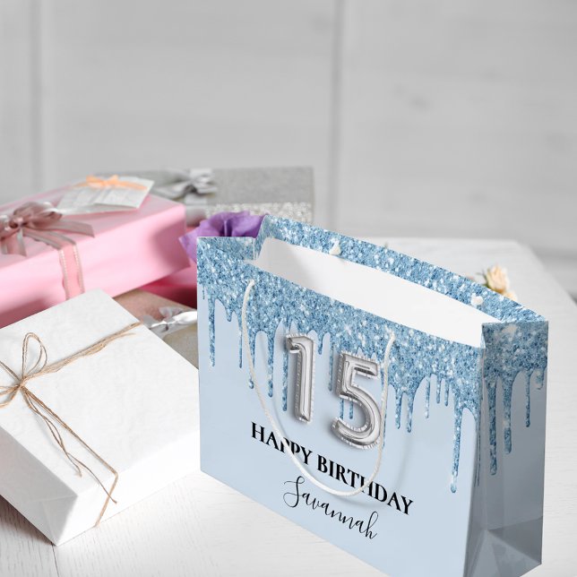 Quinceanera Baby Blue Glitzer Tropfen Name Große Geschenktüte (Von Creator hochgeladen)