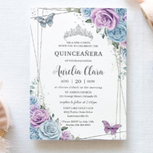 Quinceanera Baby Blue Lila Lilac Floral Silver Einladung