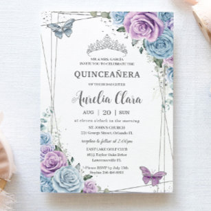 Quinceanera Baby Blue Lila Lilac Floral Silver Einladung