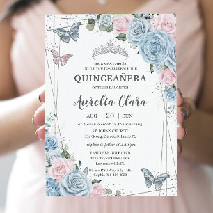 Quinceañera Baby Blue Pale Pink Floral Butterflieg Einladung