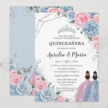Quinceañera Baby Blue Pink Floral Twins Silver