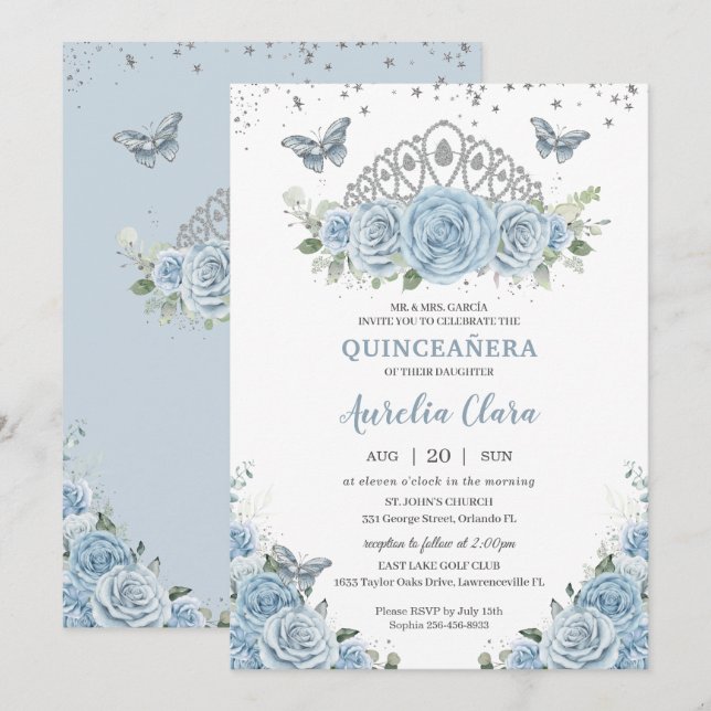Quinceañera Baby Blue Rose Floral Silver Crown Einladung (Vorne/Hinten)