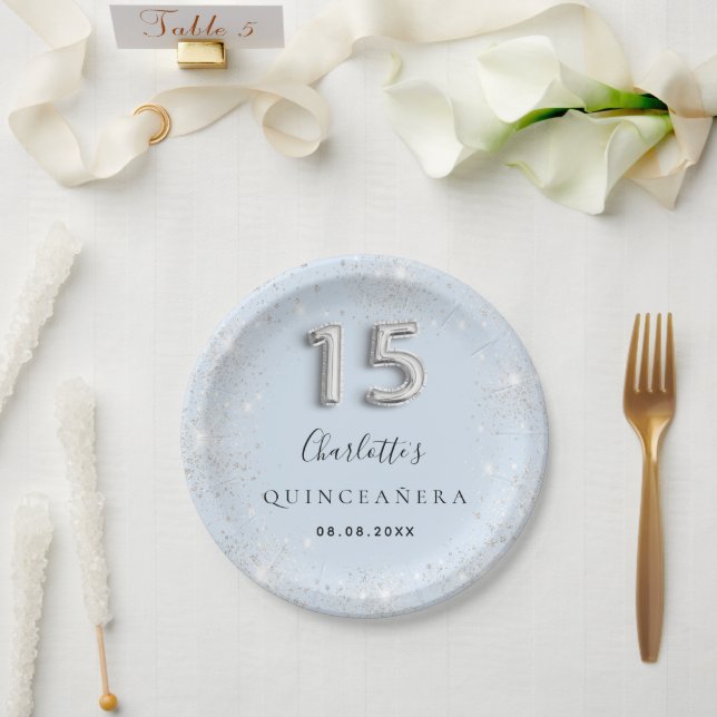 Quinceanera Baby Blue Silber Glitzer Staub Pappteller (Hochzeit)
