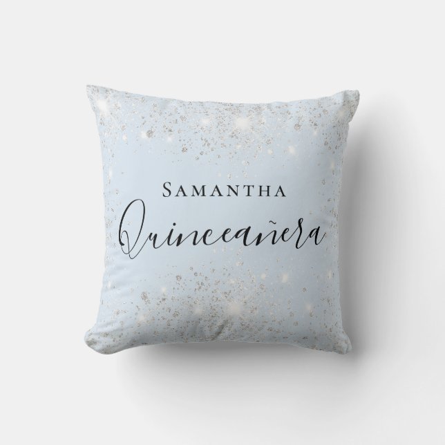 Quinceanera Baby Blue silber Glitzer Staubname Kissen (Vorderseite)