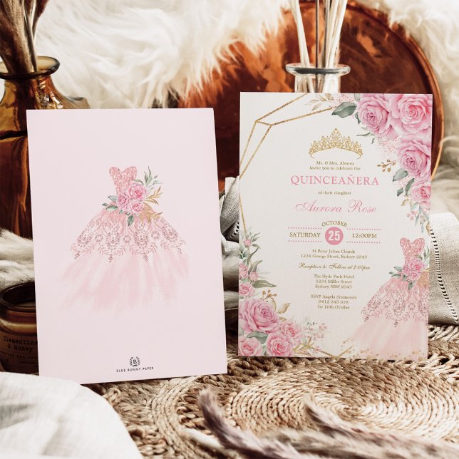 Quinceañera Baby Pink Floral Gold Kronprinzessin Einladung (Von Creator hochgeladen)