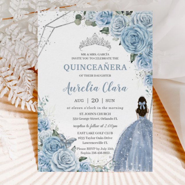 Quinceañera Baby Soft Blue Floral Prinzessin 15 Añ Einladung (Von Creator hochgeladen)
