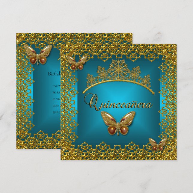 Quinceanera Birthday Aquamarin Gold Tiara Butterfl Einladung (Vorne/Hinten)