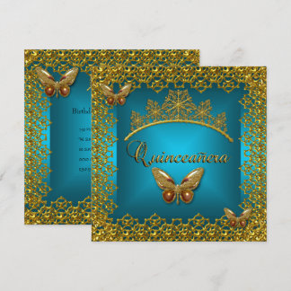 Quinceanera Birthday Aquamarin Gold Tiara Butterfl Einladung