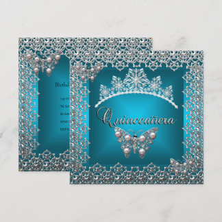 Quinceanera Birthday Aquamarin Silver Tiara Butter Einladung