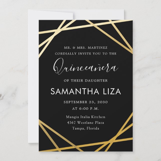 Quinceañera Birthday Black Gold Modern Einladung (Vorderseite)