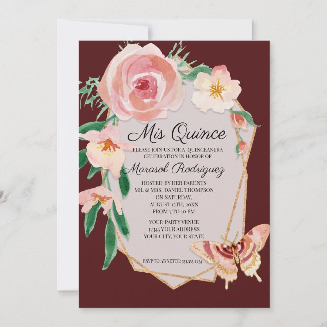 Quinceanera Birthday Burgund Red Watercolor Rose Einladung (Vorderseite)