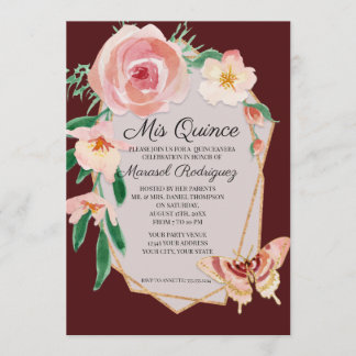 Quinceanera Birthday Burgund Red Watercolor Rose Einladung