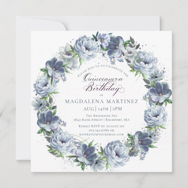 Quinceanera Birthday Dusty Blue Blume Wreath Einladung (Vorderseite)