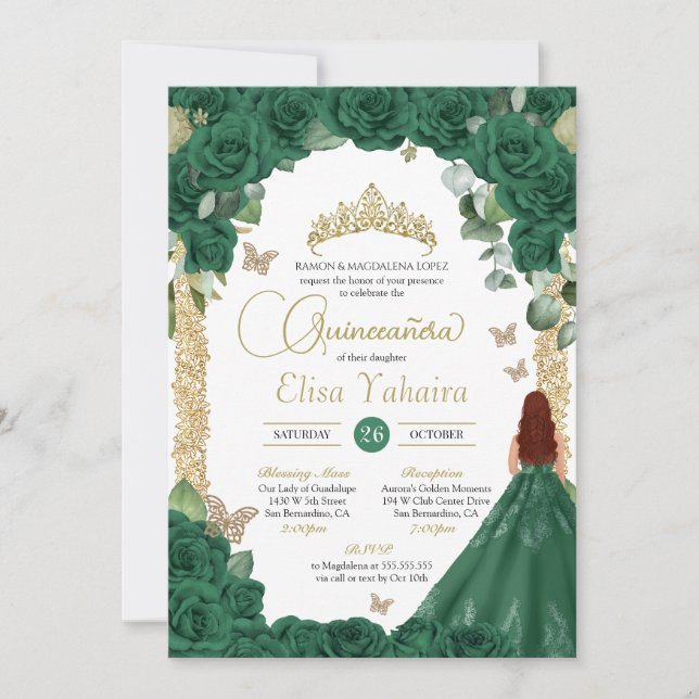 Quinceanera Birthday Emerald Green Rose Einladung (Vorderseite)