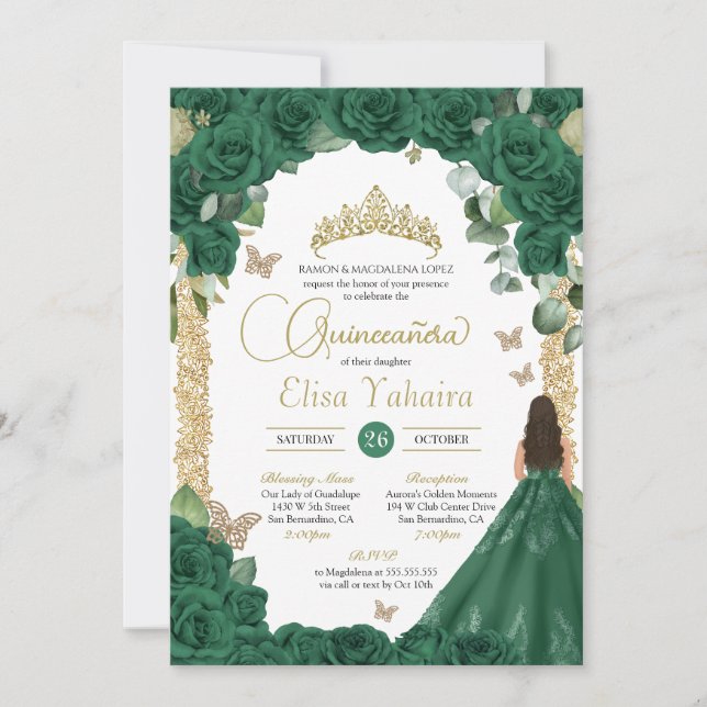 Quinceanera Birthday Emerald Green Rose Einladung (Vorderseite)