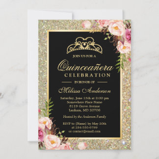 Quinceanera Birthday Floral Gold Glitzer Glitzern Einladung