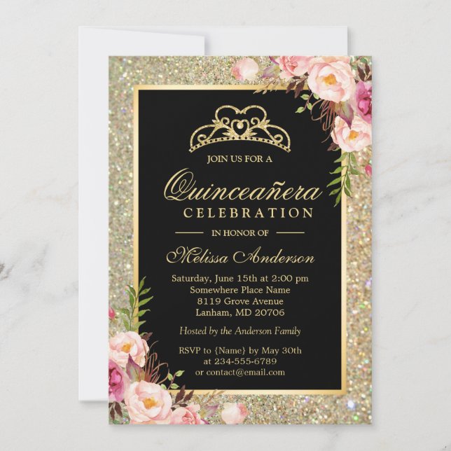 Quinceanera Birthday Floral Gold Glitzer Glitzern Einladung (Vorderseite)