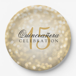 Quinceanera Birthday Gold Bokeh Lights Pappteller