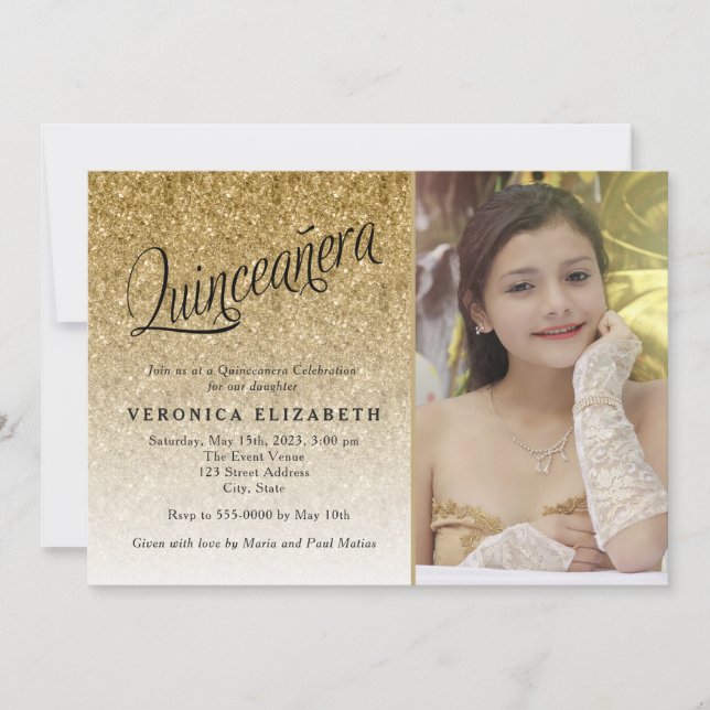 Quinceanera Birthday Gold Glitzer Foto Einladung (Vorderseite)