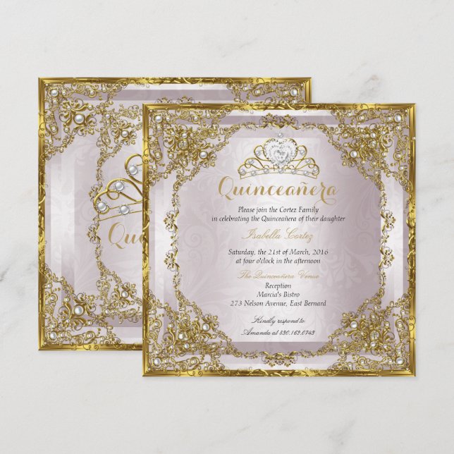 Quinceanera Birthday Gold Pearl Pink Damask Einladung (Vorne/Hinten)
