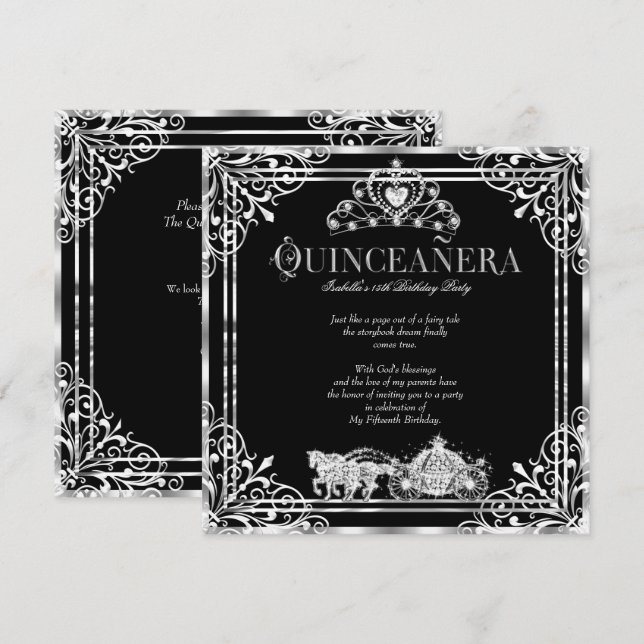 Quinceanera Birthday Horriage Black Silver 2 Einladung (Vorne/Hinten)