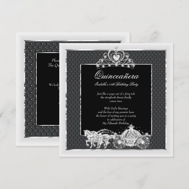 Quinceanera Birthday Horriage Black Silver Einladung (Vorne/Hinten)